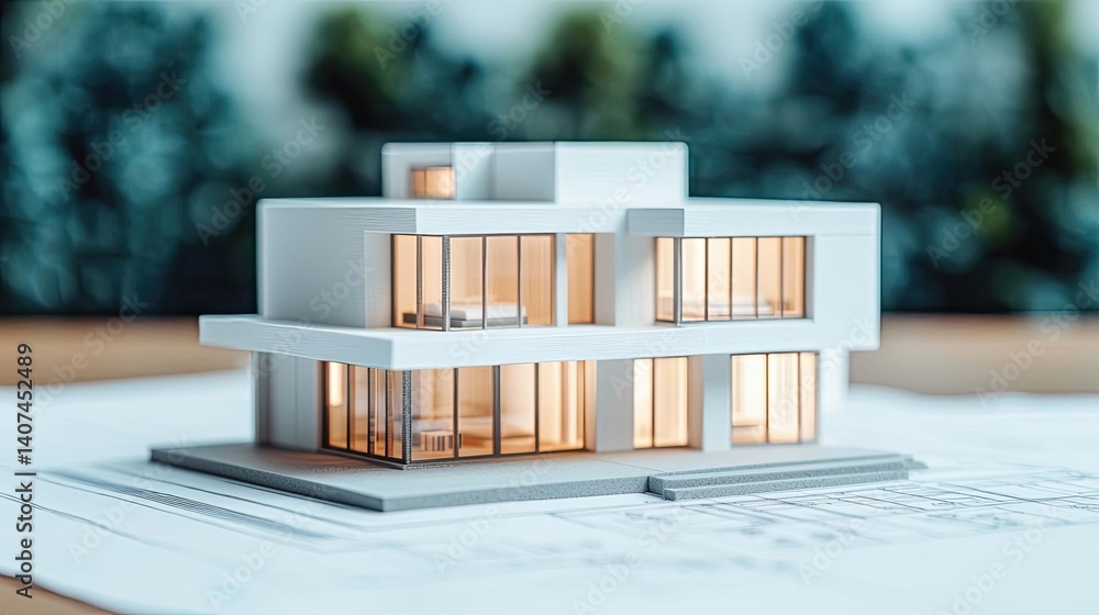 Poster building house on blueprint in a dwelling and architecture concept. a detailed architectural model s