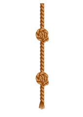 Hanging rope with tassel and nodes. Knitted nautical thread or marine vertical fiber. Textile tassel hang at rope isolated on white background. Vector illustration