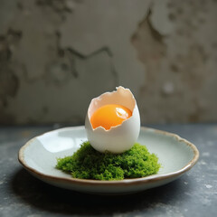 a ready-made dish on Easter day, an egg on moss in a plate, aesthetics