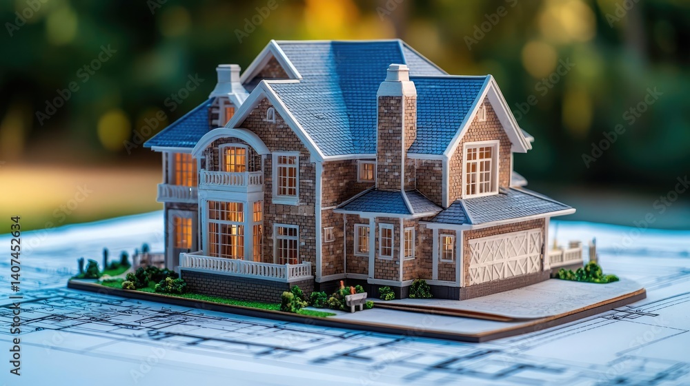 Poster building house on blueprint in a dwelling and architecture concept. a detailed architectural model o