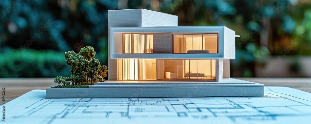 Poster building house on blueprint inside architecture and plan concept. modern architectural model with wa