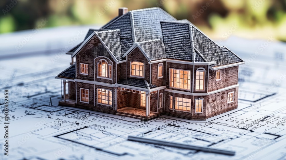 Poster building house on blueprint in a dwelling and architecture concept. detailed model house over constr