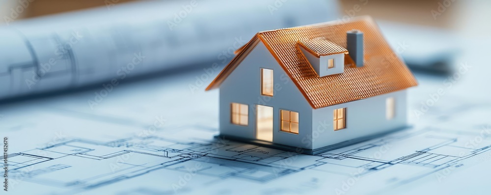 Poster building house on blueprint in a dwelling and architecture concept. a miniature house model placed o