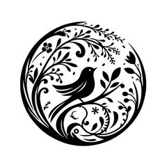 Elegant Black and White Bird on Branch in Circle Illustration