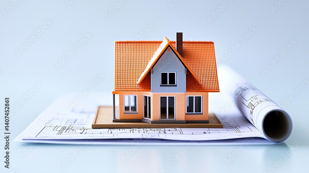 Poster building house on blueprint in a dwelling and architecture concept. model house on blueprints symbol