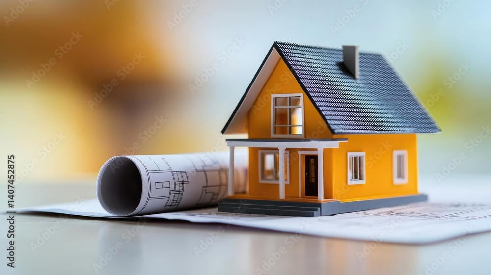 Poster building house on blueprint in a dwelling and architecture concept. a miniature yellow house on arch