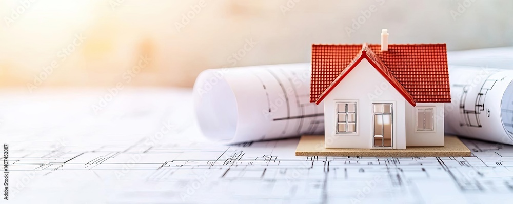 Poster building house on blueprint in a dwelling and architecture concept. conceptual model house on bluepr