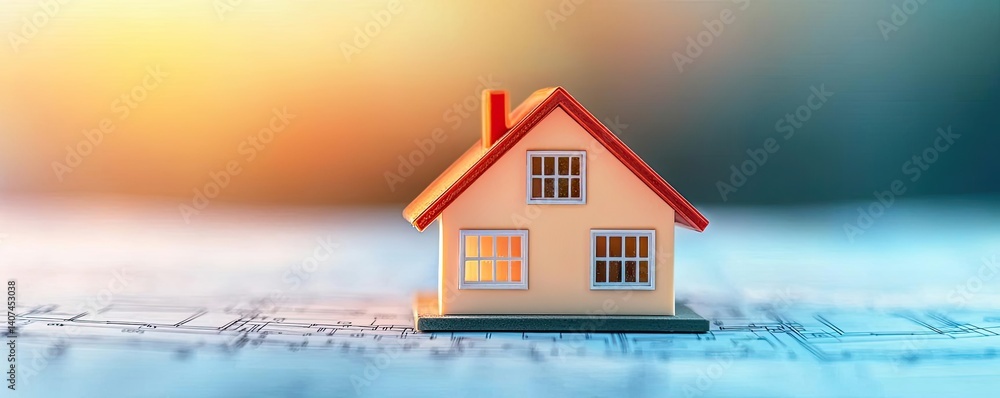 Poster building house on blueprint in a dwelling and architecture concept. miniature house model on a soft 