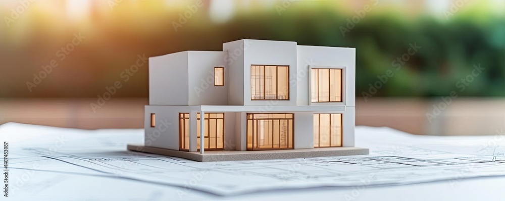 Poster building house on blueprint inside architecture and plan concept. a modern architectural model on bl