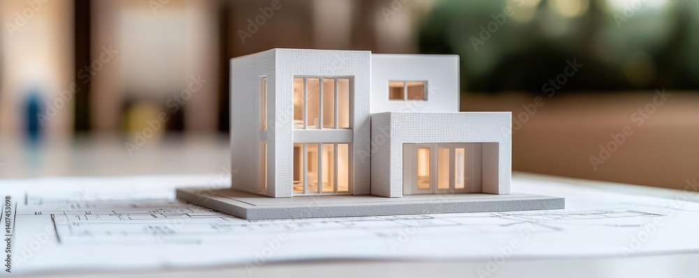 Poster building house on blueprint inside architecture and plan concept. modern architectural model on blue