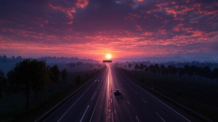 Highway sunset travel, misty morning, cars on road