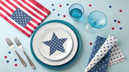 Fototapeta premium Patriotic table setting for july fourth celebration with american flag and star decor