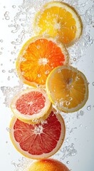 Fresh Citrus Fruits in Water Splash Creating Vibrant Visuals of Orange, Lemon, Grapefruit, and Lime in Studio Setting for Healthy Lifestyle Concepts