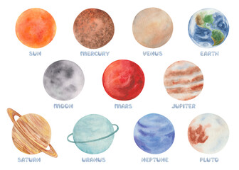 Watercolor illustration. Set of planets. Hand painted planets of Solar system with star Sun, satellite Moon. Mercury, Venus, Earth, Mars, Jupiter, Saturn, Uranus, Neptune, Pluto with handwritten names