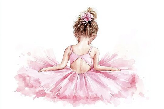 Watercolor painting of a ballerina girl in a pink tutu from the back with a flower in her hair
