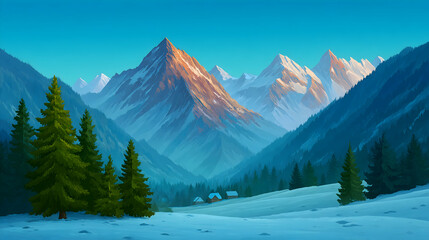 Snowy mountain valley at sunrise, coniferous trees, small village