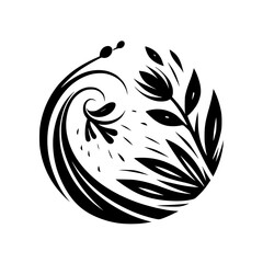 Elegant Floral Silhouette in a Circle - Botanical Illustration