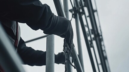 Construction worker adjusting scaffolding for safety. Featuring care and attention to detail