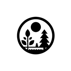 Minimalist Black & White Nature Icon: Trees, Sun, Circle Design