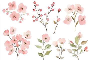 Watercolor illustration of pink flowers and berries on branches against a white background art design