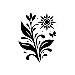 Simple Floral Nature Illustration: Sun, Flower, Butterfly, Black on White