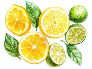 Obraz premium Fresh citrus fruits with yellow lemons and green limes, vibrant leaves against a clean white background, perfect for food or healthy lifestyle imagery
