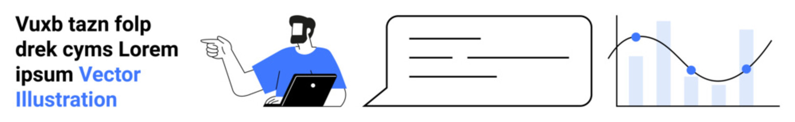 Person with laptop pointing at speech bubble and data charts, concept of communication, analytics, teamwork, education, consulting, idea sharing, and presentations, flat landing page banner