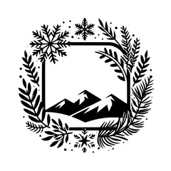 Winter Mountain Scene in Decorative Frame - Vector Illustration