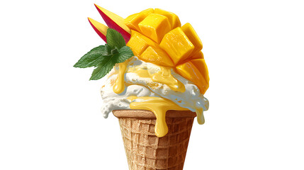 Mango and banana ice cream cone illustrated in vibrant dessert art on a transparent background --ar 16:9 --v 7.0