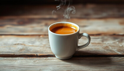 A Steaming Cup of Espresso on a Wooden Table