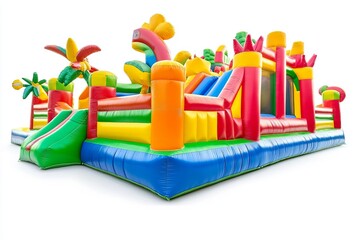 Colorful inflatable bouncy castle with slides and palm trees against a white background studio shot