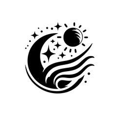 Obraz premium Celestial Harmony: Sun, Moon, Stars, and Waves Minimalist Vector Design