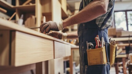 Carpenter constructing wooden cabinets in a workshop. Featuring woodwork and precision