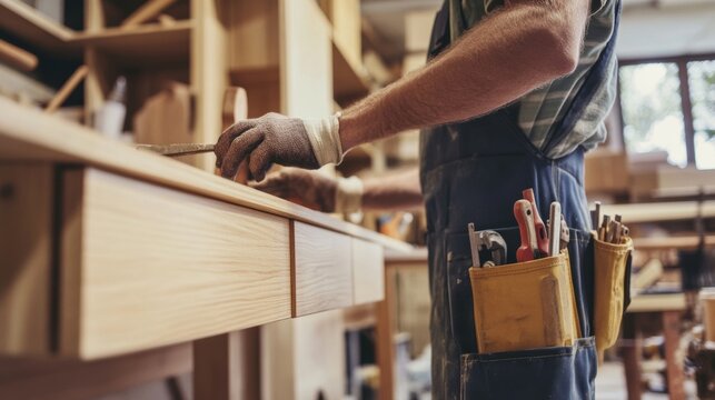 Carpenter constructing wooden cabinets in a workshop. Featuring woodwork and precision