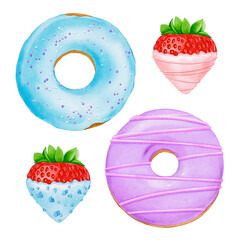 Donuts and Dipped Strawberries, Watercolor Clipart