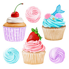 Watercolor Cupcakes and Meringues, Pastel Clipart