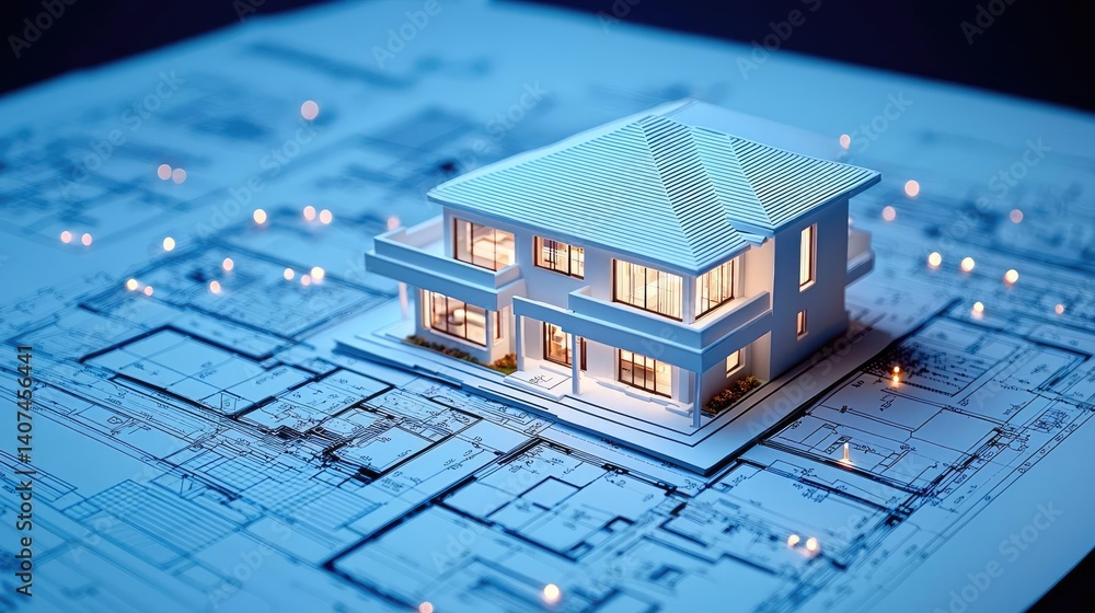 Poster building house on blueprint featuring construction and dwelling concept. a detailed architectural mo