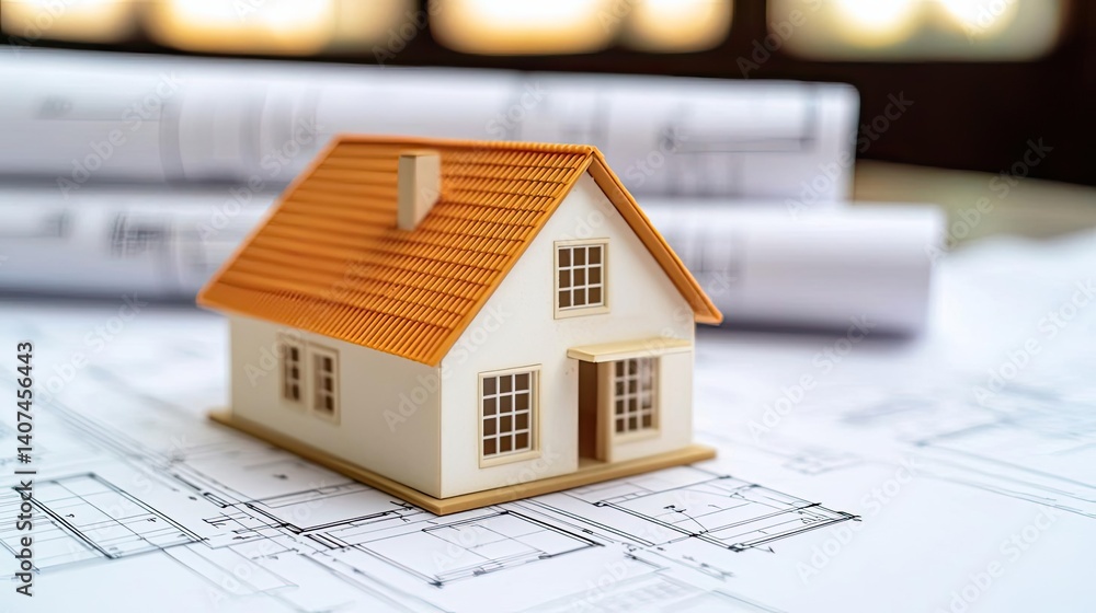 Poster building house on blueprint inside architecture and plan concept. model house on architectural bluep
