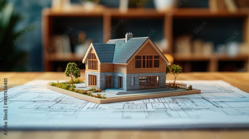 Poster building house on blueprint inside architecture and plan concept. a detailed miniature model of a mo