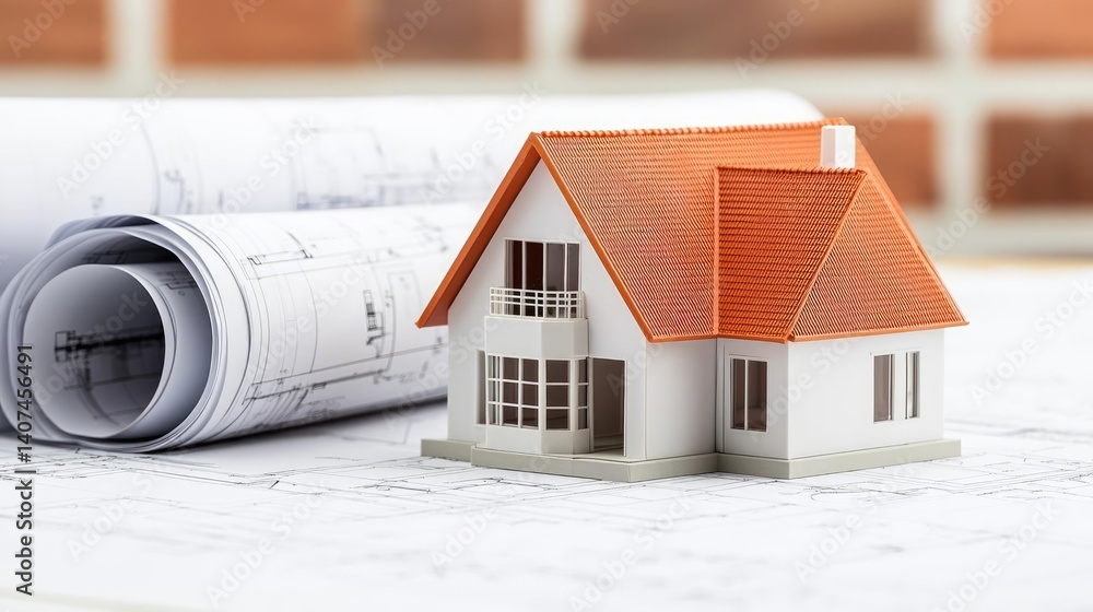 Poster building house on blueprint inside architecture and plan concept. a model house with architectural p