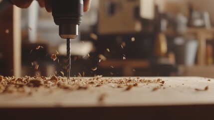 Carpenter using a drill on a wooden surface. Featuring focus and technical skill