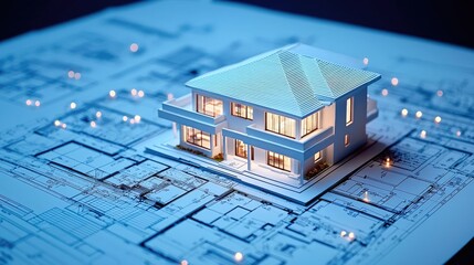 Building house on blueprint featuring construction and dwelling concept. A detailed architectural model atop a blueprint showcasing design.