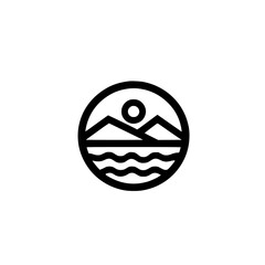 Minimalist Landscape Icon: Mountains, Sun, and Water in a Circle