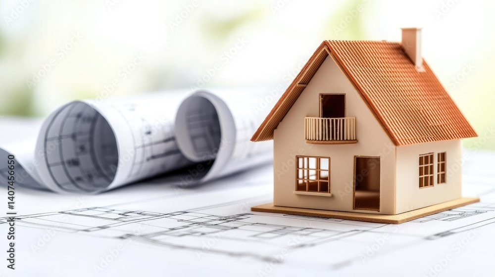 Poster building house on blueprint in a dwelling and architecture concept. a miniature house model on archi