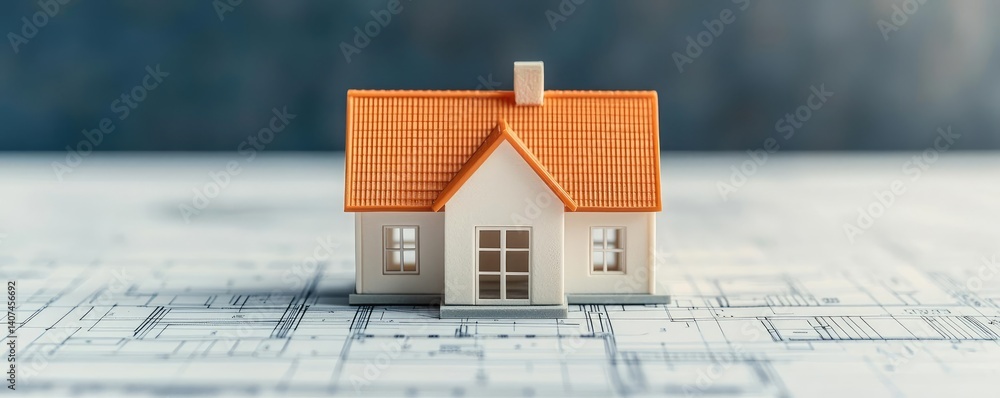 Poster building house on blueprint inside architecture and plan concept. a miniature house model on bluepri