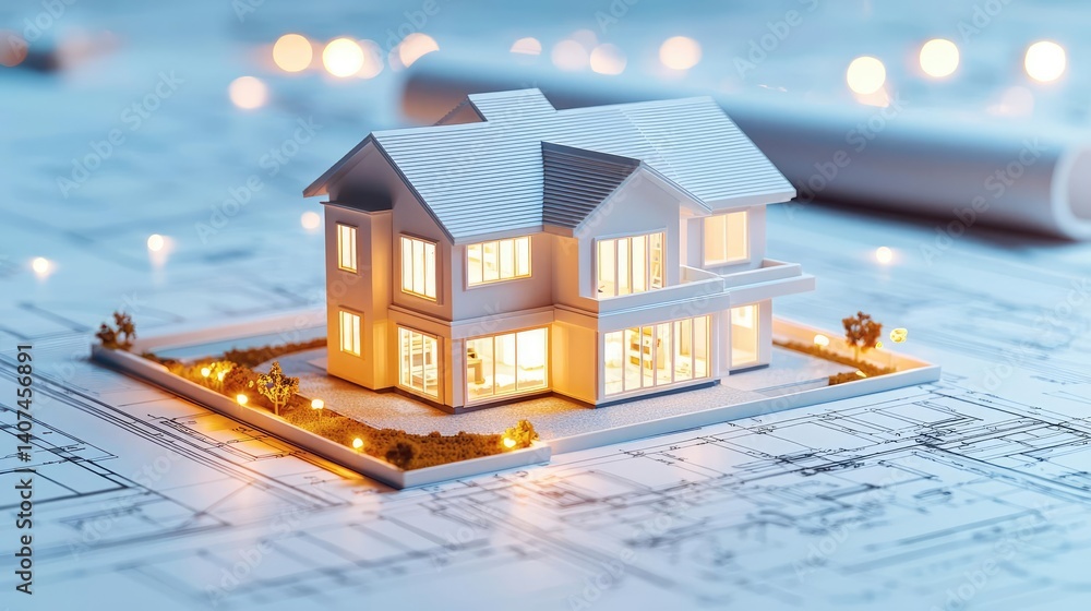 Poster building house on blueprint inside architecture and plan concept. beautiful architectural model of a