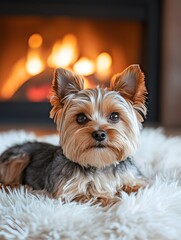 Naklejka premium Cozy Yorkshire Terrier Portrait by the Fireplace - Warmth & Adorable Furry Companion in Winter Vibe