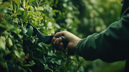 Landscaper trimming hedges with electric shears. Featuring precision and efficiency