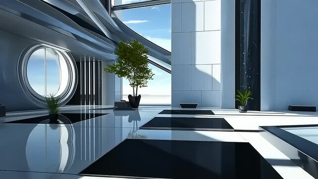 Modern futuristic interior with sleek design, plants, and bright sky