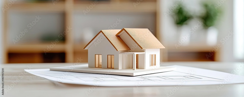 Aufkleber building house on blueprint in a dwelling and architecture concept. a miniature house model on a blu